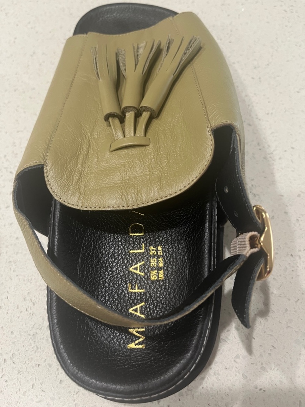 MAFALDA Olive Green Leather Tassel Slide Sandal